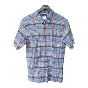 Patagonia Shirt Adult Medium Blue White Seersucker Hiking Button Up Mens Cotton